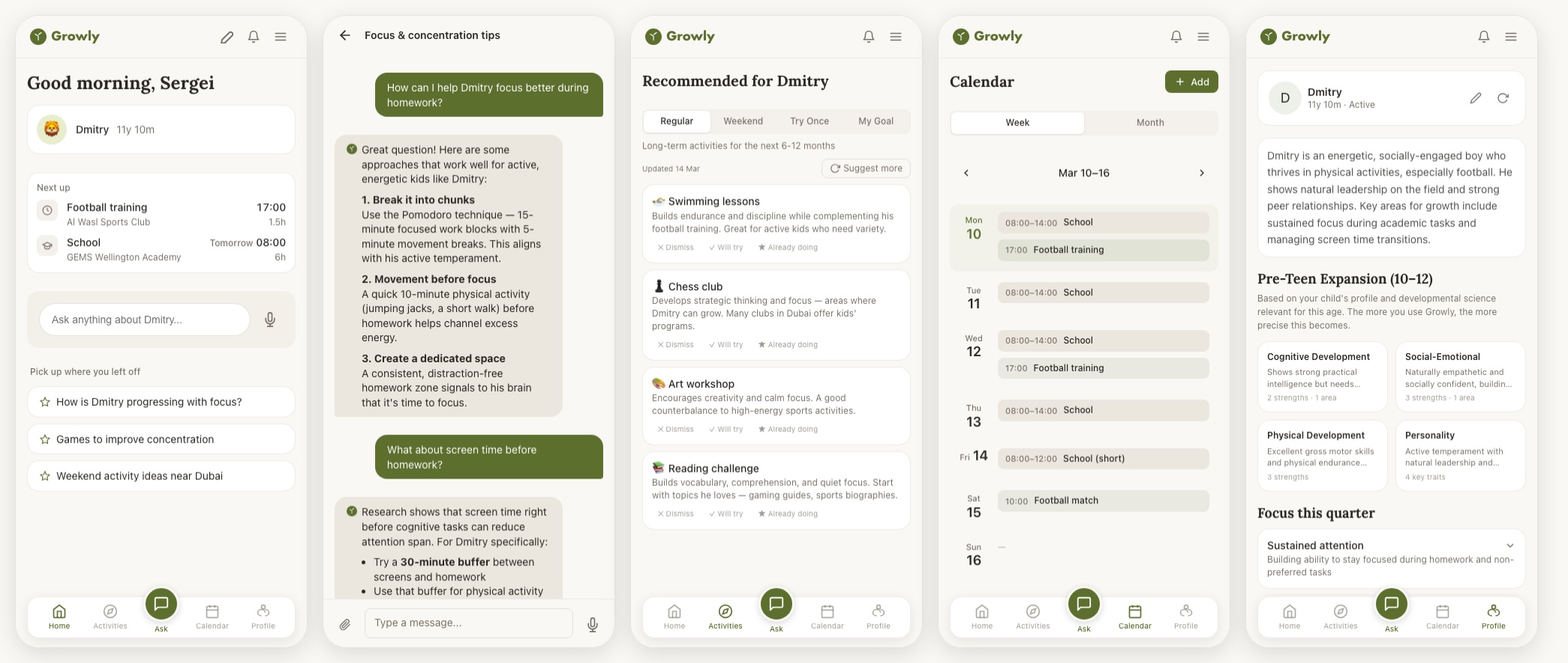 Composite of five Growly product screens: home, child profile, AI guidance chat, activity recommendations, and family calendar